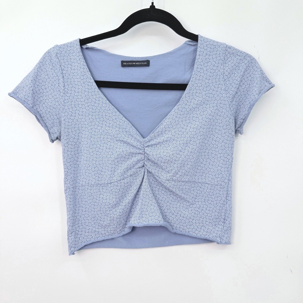Brandy Melville Gina Floral Crop Women OS Blue Ruched Babydoll Coquette Indie